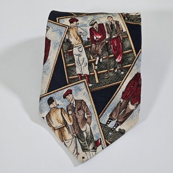 Gant Tie Silk  Multicolor Golf Players Print VTG Boho Art to Wear W3.75 L58 inch - Picture 12 of 16